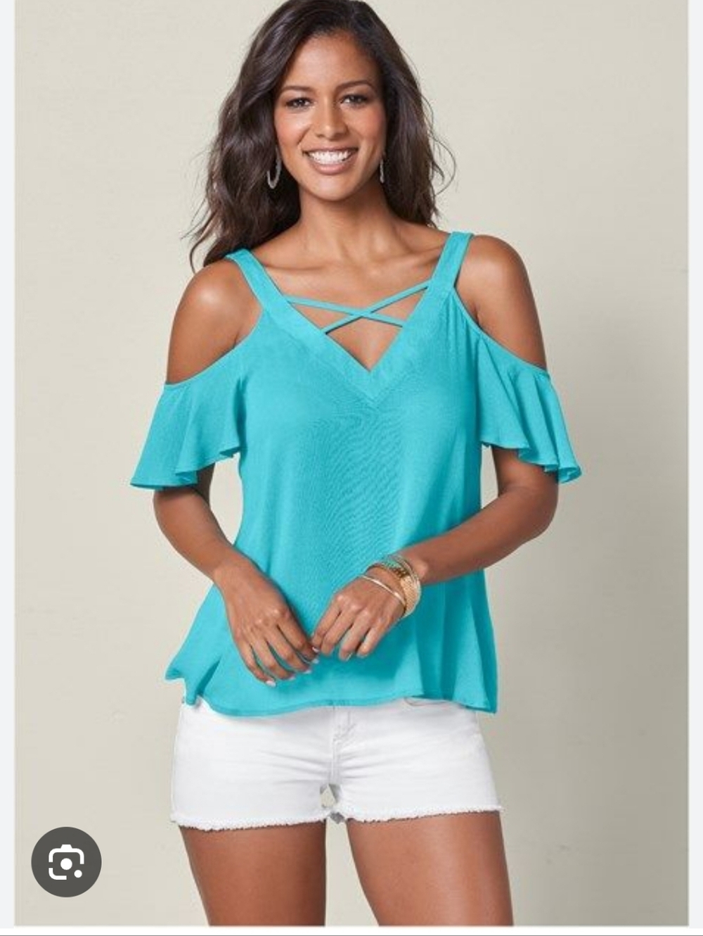 Venus Women’s Aqua Cold-Shoulder V-Neck Criss Cross Neck Top Size M